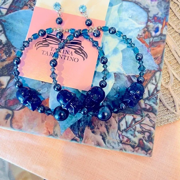 Tarina Tarantino skull rhinestone beaded large hoop earrings. Rare and Vintage🦋 - Picture 1 of 3